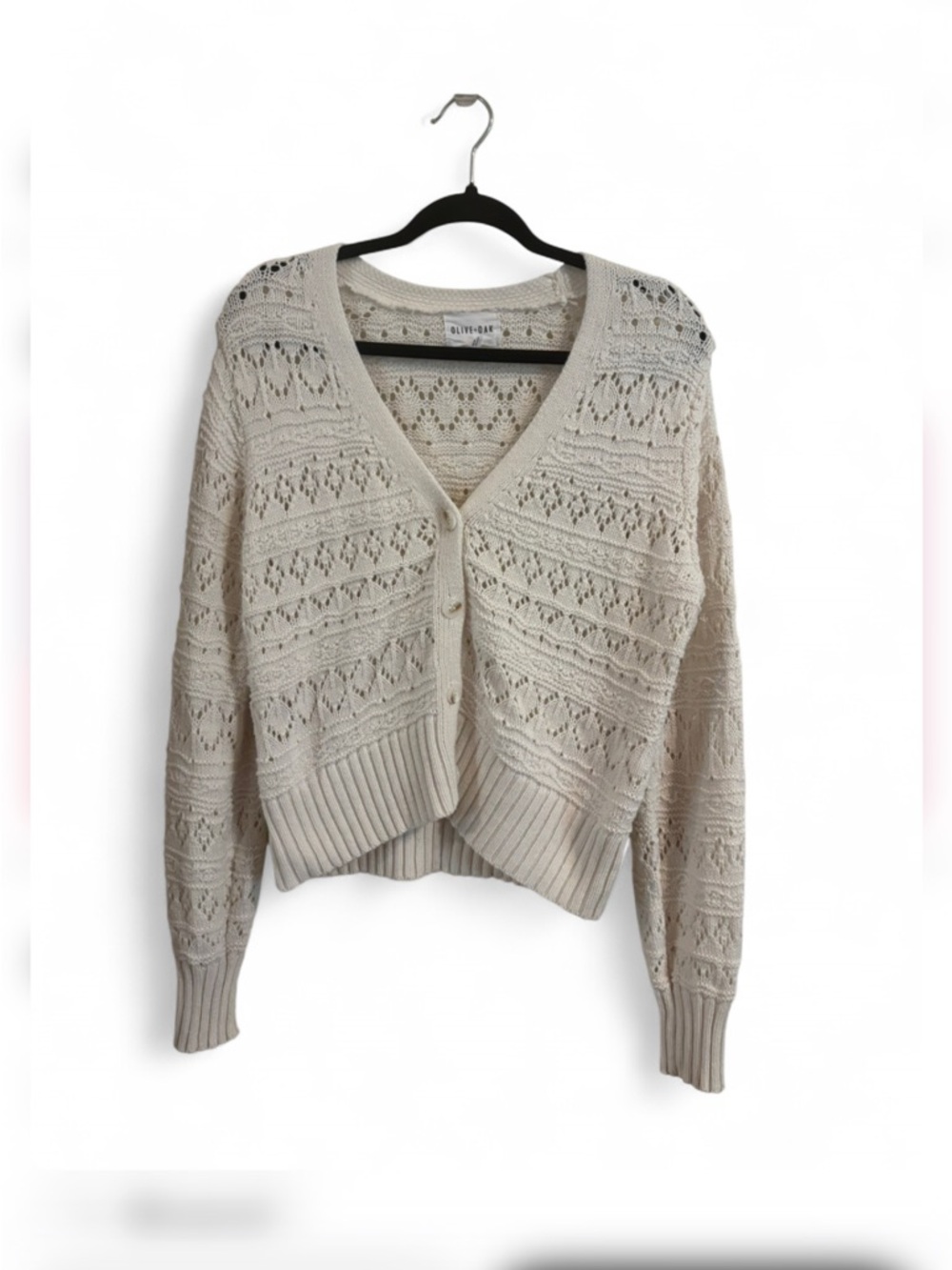 Olive & Oak Cream Open-Knit Button Cardigan Sweater sz Small boxy relaxed boho